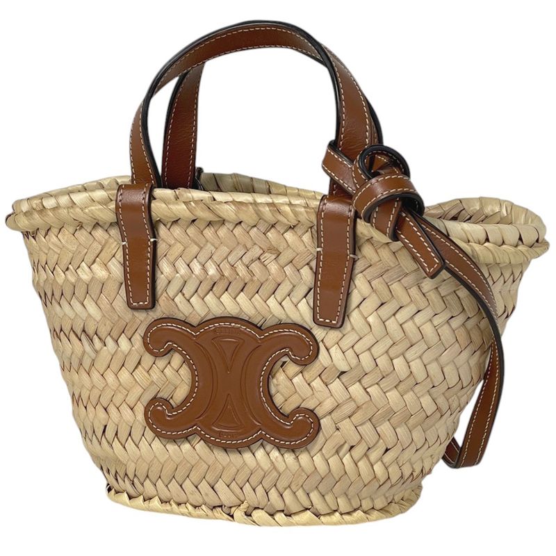 Celine Triomphe Pannier 2way Shoulder Bag Basket Bag Mini Handbag Raffia Beige