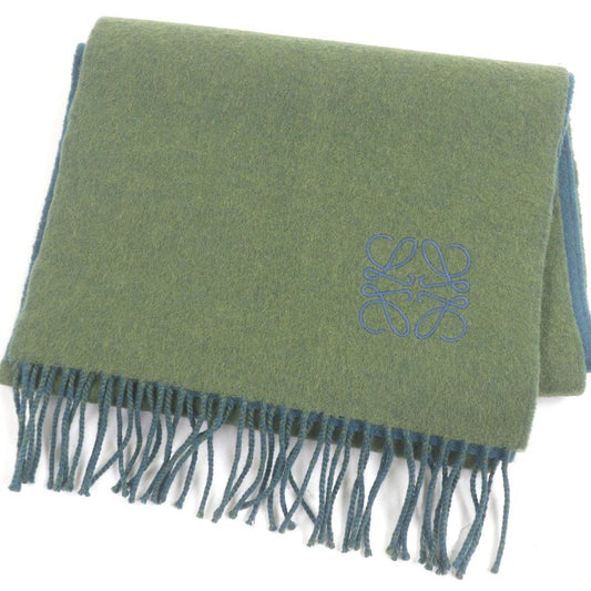 □loewe Wool Cashmere Anagram Logo Embroidery Bicolor Fringe Scarf Green Blue