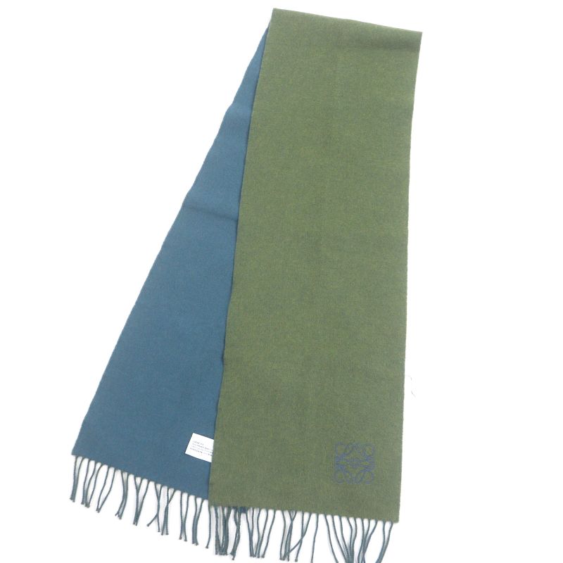 □loewe Wool Cashmere Anagram Logo Embroidery Bicolor Fringe Scarf Green Blue