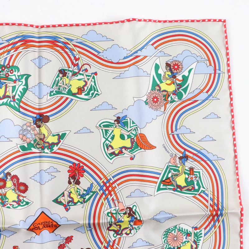 Hermes Carré 45 Volants Flying Carré 100% Silk GRIS Per-e VERT JA Scarf With