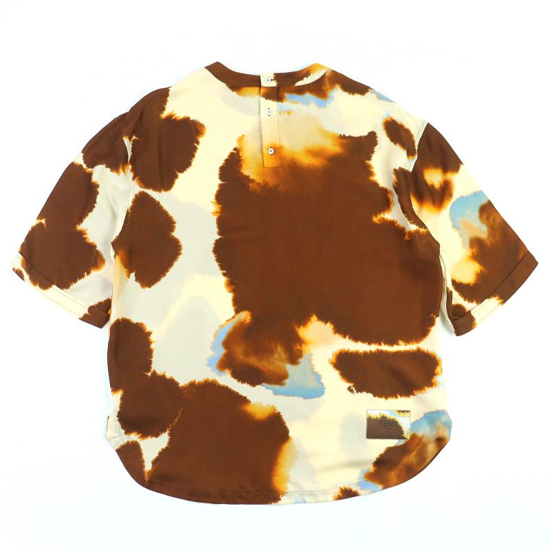 Fendi 2022ss Fy1200 100% Silk Logo Patch Allover Design Crew Neck Short Sleeve