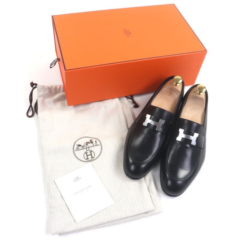 Hermes Silver Hardware Paris H Buckle Moccasin U-tip Leather Shoes Loafers