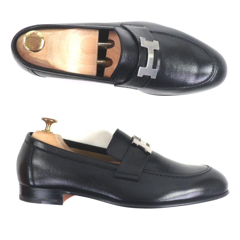 Hermes Silver Hardware Paris H Buckle Moccasin U-tip Leather Shoes Loafers