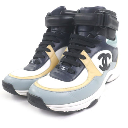 Chanel G33865 Coco Mark Lace Up High Cut Sneakers Leather Sneakers Multicolor