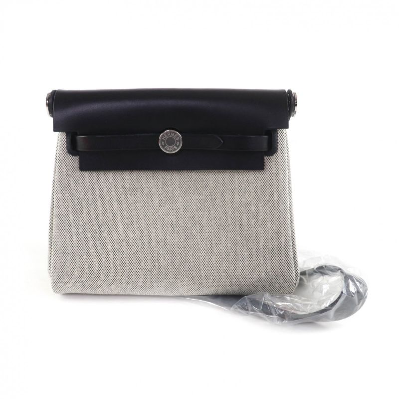 Hermes Herbag Her Bag Zip 20 Mini Black Ecru Toile Military Vache Hunter Silver