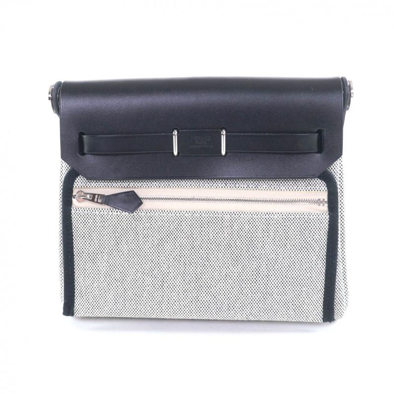 Hermes Herbag Her Bag Zip 20 Mini Black Ecru Toile Military Vache Hunter Silver