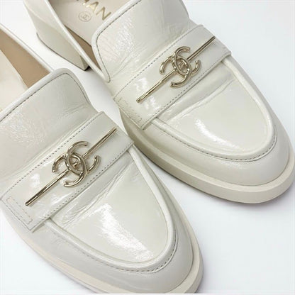 Chanel Loafer Leather Shoes White Gold Coco Mark