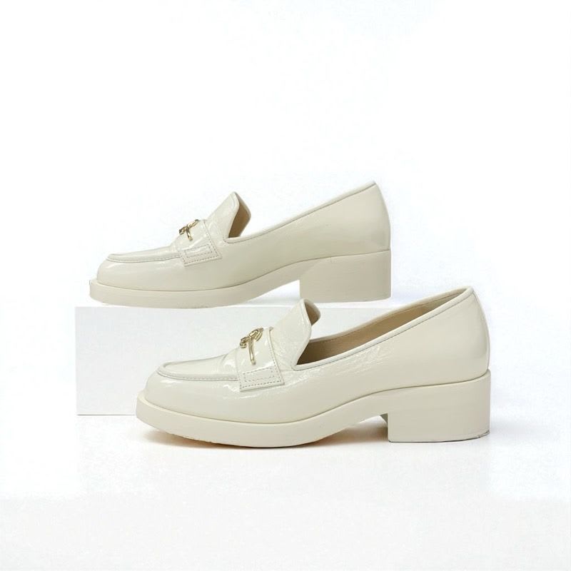 Chanel Loafer Leather Shoes White Gold Coco Mark