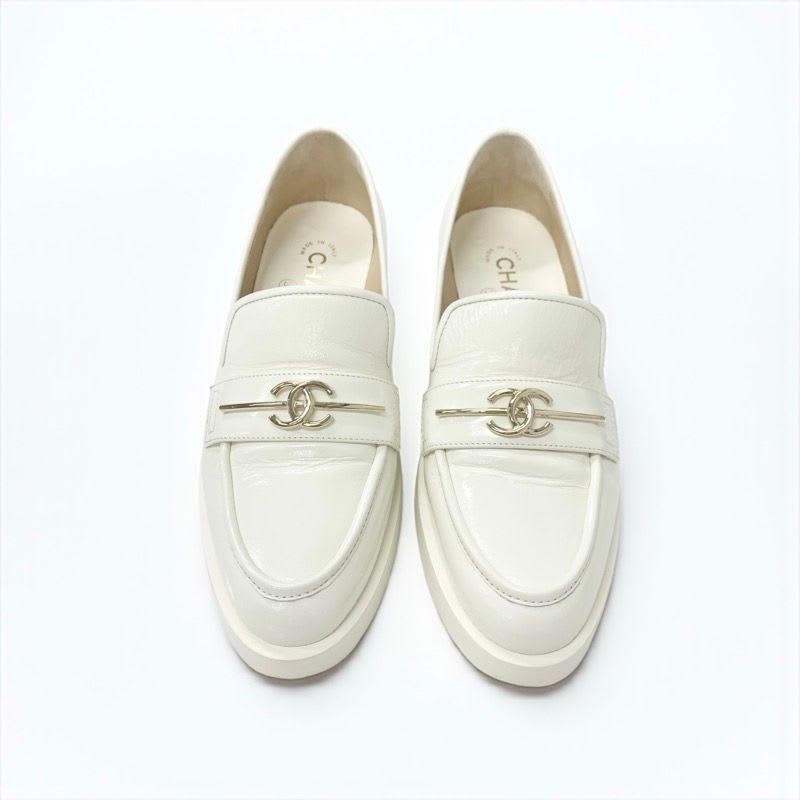 Chanel Loafer Leather Shoes White Gold Coco Mark