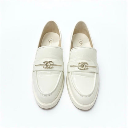 Chanel Loafer Leather Shoes White Gold Coco Mark