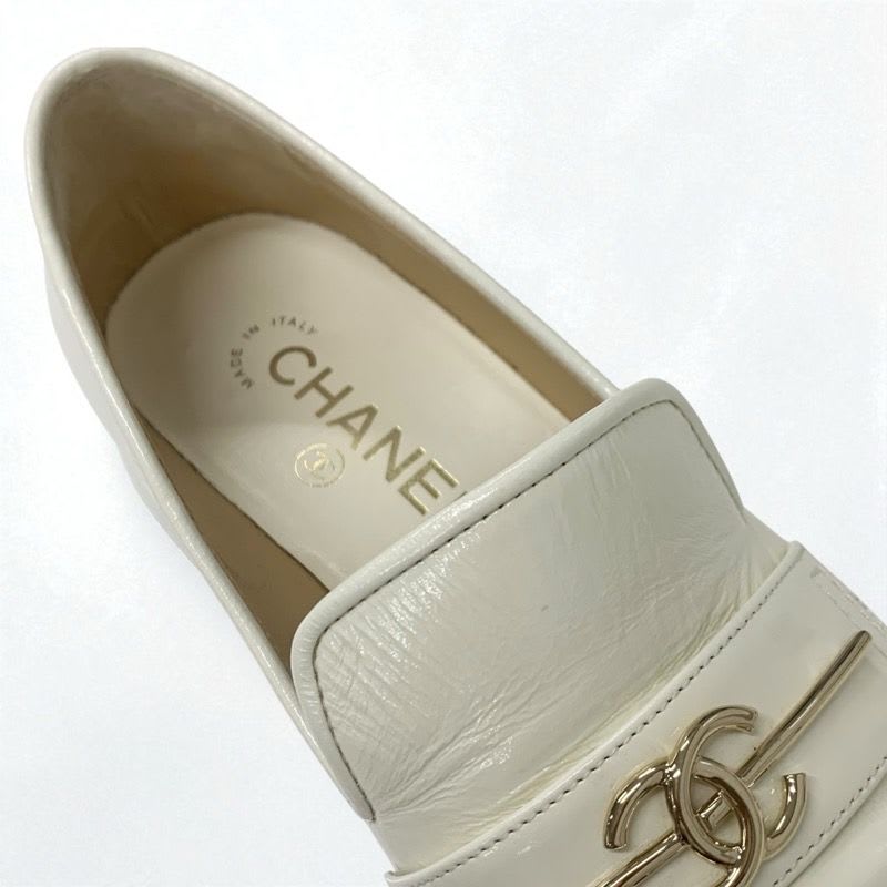 Chanel Loafer Leather Shoes White Gold Coco Mark