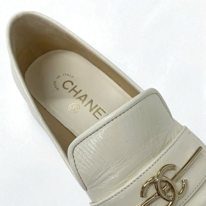 Chanel Loafer Leather Shoes White Gold Coco Mark
