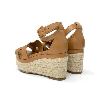 Hermes Elda Sandals Shoes Leather Brown Wedge Sole Espadrilles Strap