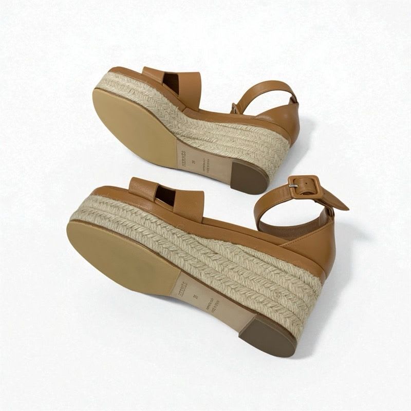 Hermes Elda Sandals Shoes Leather Brown Wedge Sole Espadrilles Strap