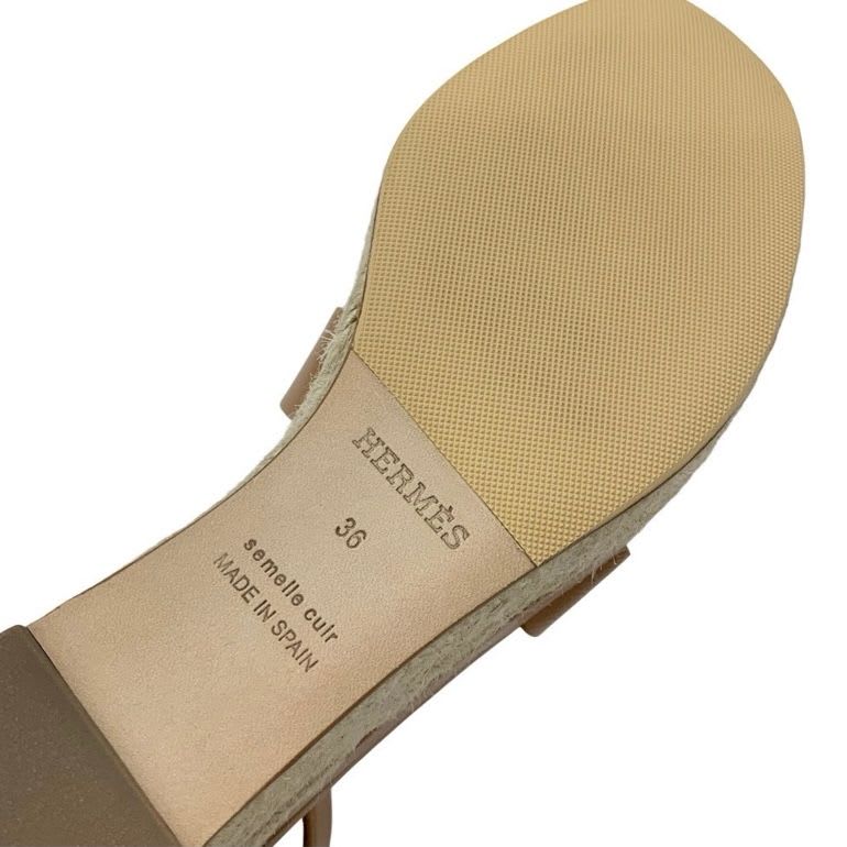 Hermes Elda Sandals Shoes Leather Brown Wedge Sole Espadrilles Strap