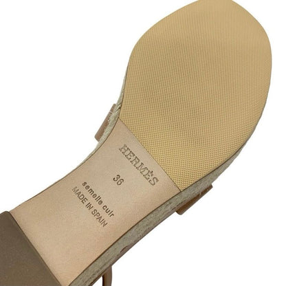 Hermes Elda Sandals Shoes Leather Brown Wedge Sole Espadrilles Strap