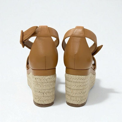 Hermes Elda Sandals Shoes Leather Brown Wedge Sole Espadrilles Strap