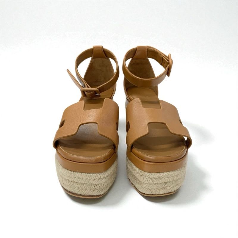 Hermes Elda Sandals Shoes Leather Brown Wedge Sole Espadrilles Strap