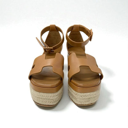 Hermes Elda Sandals Shoes Leather Brown Wedge Sole Espadrilles Strap