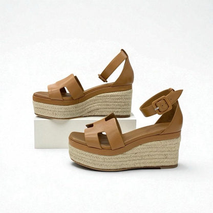 Hermes Elda Sandals Shoes Leather Brown Wedge Sole Espadrilles Strap