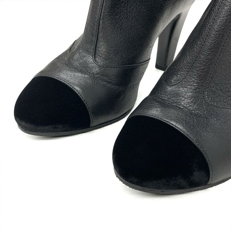 Chanel Boots Short Shoes Leather Velor Black Gold Coco Mark Ribbon
