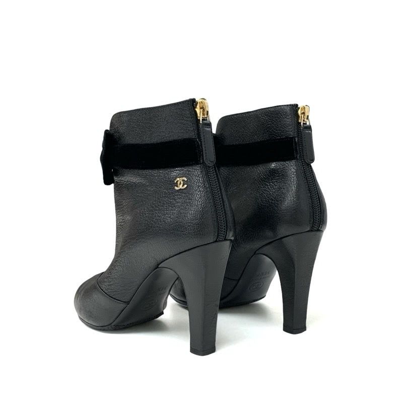 Chanel Boots Short Shoes Leather Velor Black Gold Coco Mark Ribbon