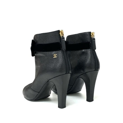 Chanel Boots Short Shoes Leather Velor Black Gold Coco Mark Ribbon