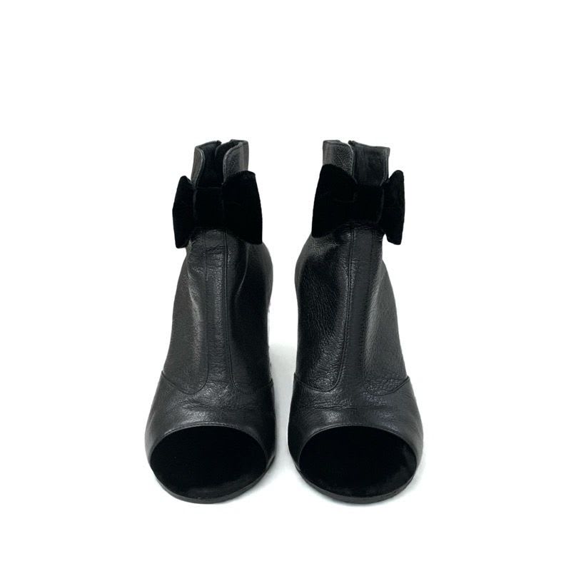 Chanel Boots Short Shoes Leather Velor Black Gold Coco Mark Ribbon