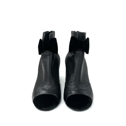 Chanel Boots Short Shoes Leather Velor Black Gold Coco Mark Ribbon