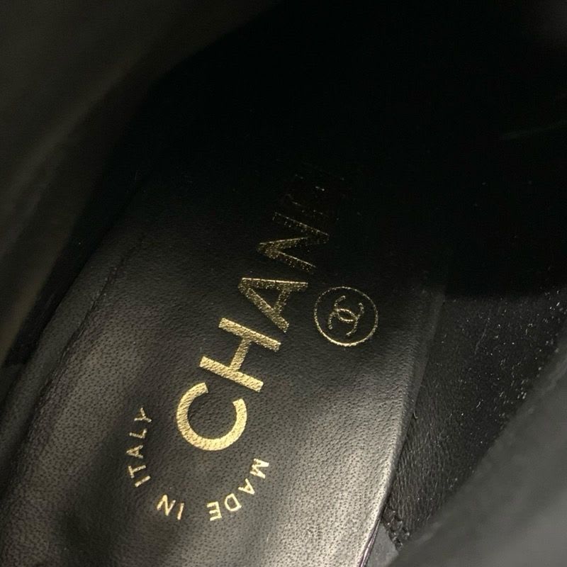 Chanel Boots Short Shoes Leather Velor Black Gold Coco Mark Ribbon