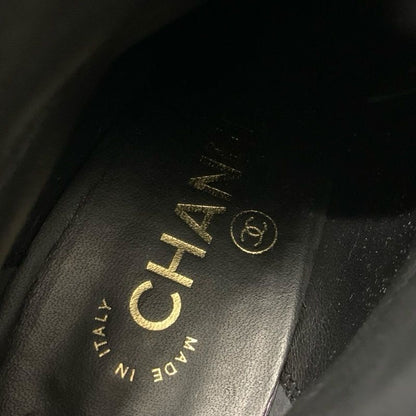 Chanel Boots Short Shoes Leather Velor Black Gold Coco Mark Ribbon
