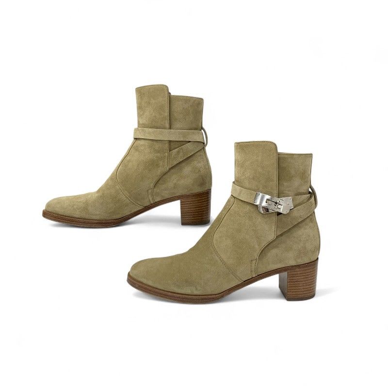 Hermes Frenchie Boots Short Shoes Suede Beige Silver Kelly Hardware