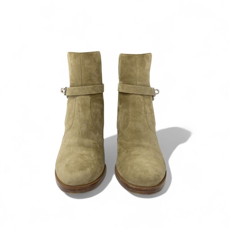 Hermes Frenchie Boots Short Shoes Suede Beige Silver Kelly Hardware