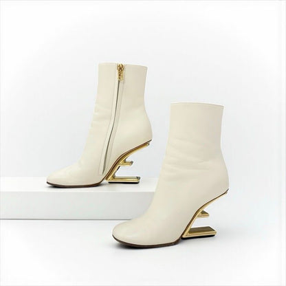 Fendi First Boots Short Shoes Leather Ivory Gold Metal Heel FF Logo