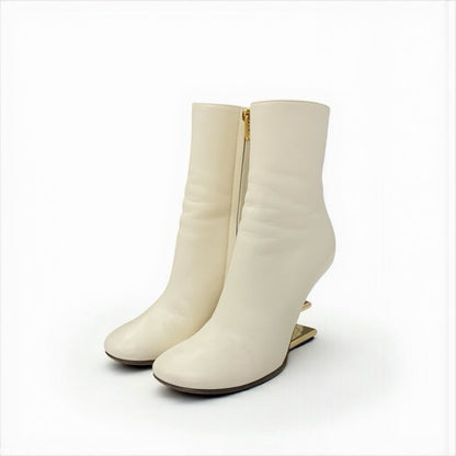 Fendi First Boots Short Shoes Leather Ivory Gold Metal Heel FF Logo