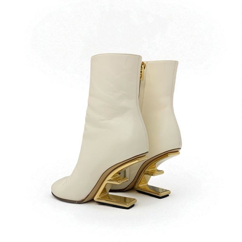 Fendi First Boots Short Shoes Leather Ivory Gold Metal Heel FF Logo