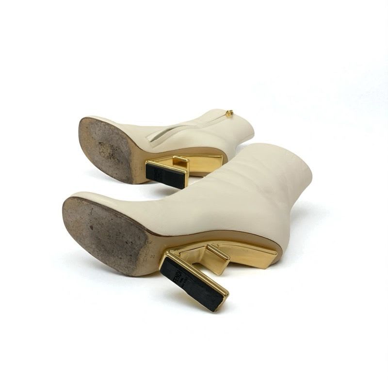 Fendi First Boots Short Shoes Leather Ivory Gold Metal Heel FF Logo