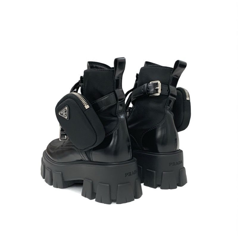 Prada Monolith Boots Short Shoes Leather Nylon Black With Pouch Triangle
