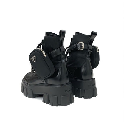 Prada Monolith Boots Short Shoes Leather Nylon Black With Pouch Triangle