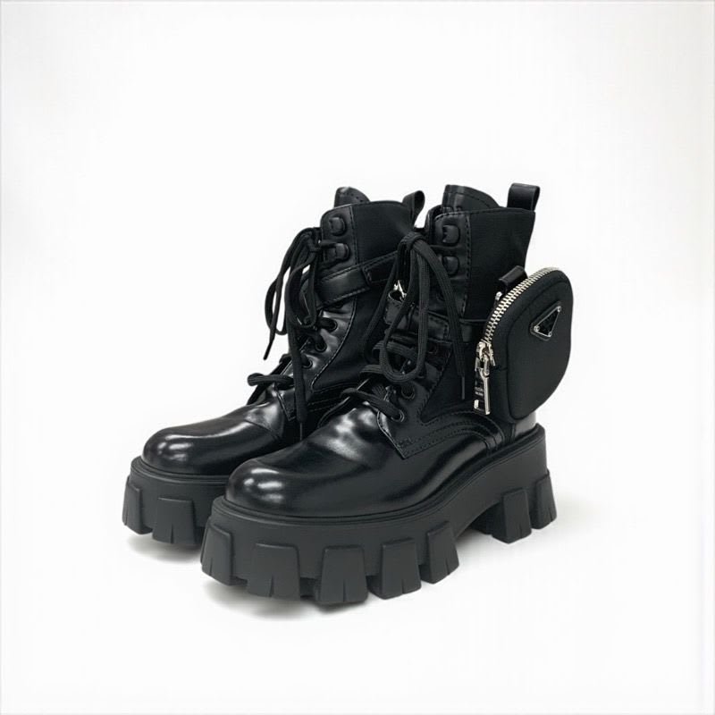 Prada Monolith Boots Short Shoes Leather Nylon Black With Pouch Triangle