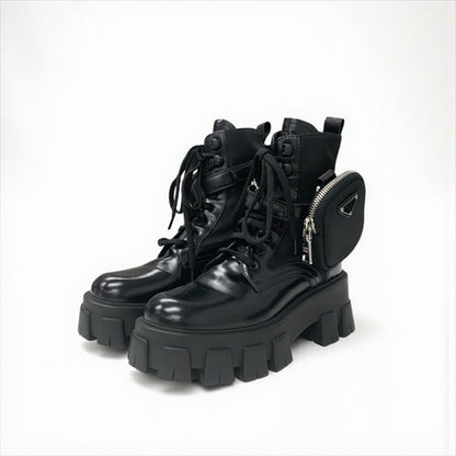 Prada Monolith Boots Short Shoes Leather Nylon Black With Pouch Triangle