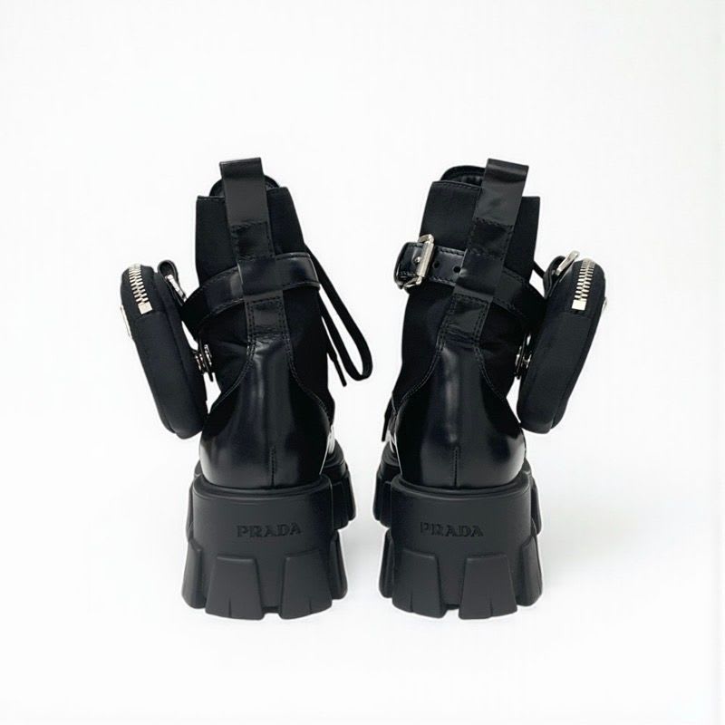 Prada Monolith Boots Short Shoes Leather Nylon Black With Pouch Triangle