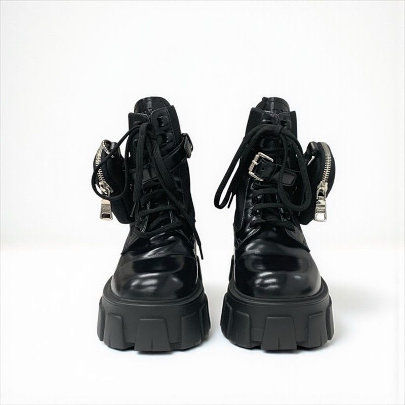 Prada Monolith Boots Short Shoes Leather Nylon Black With Pouch Triangle