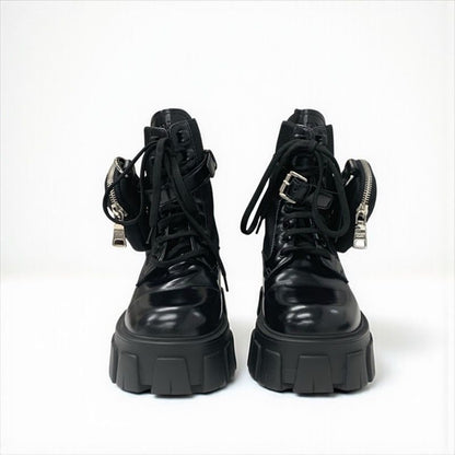 Prada Monolith Boots Short Shoes Leather Nylon Black With Pouch Triangle