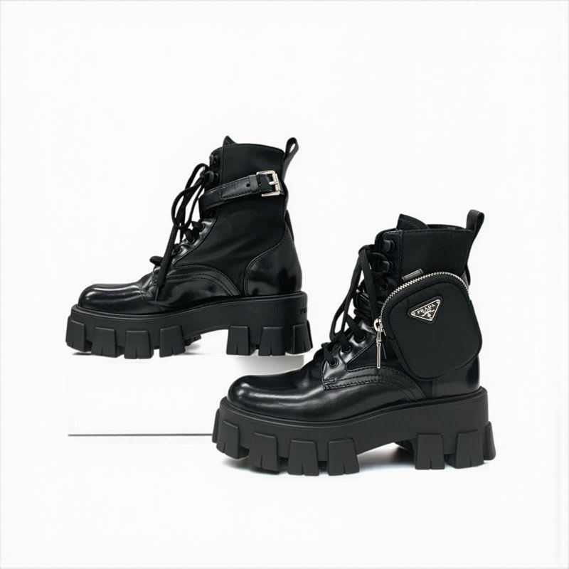 Prada Monolith Boots Short Shoes Leather Nylon Black With Pouch Triangle