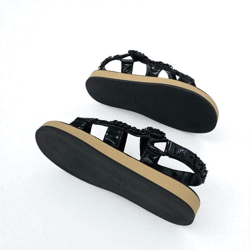 Chanel Sandals Shoes Leather Black Here Mark Chain Velcro