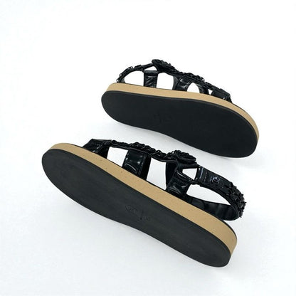 Chanel Sandals Shoes Leather Black Here Mark Chain Velcro