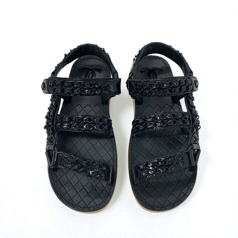 Chanel Sandals Shoes Leather Black Here Mark Chain Velcro