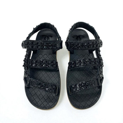 Chanel Sandals Shoes Leather Black Here Mark Chain Velcro