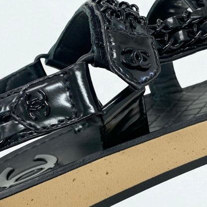 Chanel Sandals Shoes Leather Black Here Mark Chain Velcro